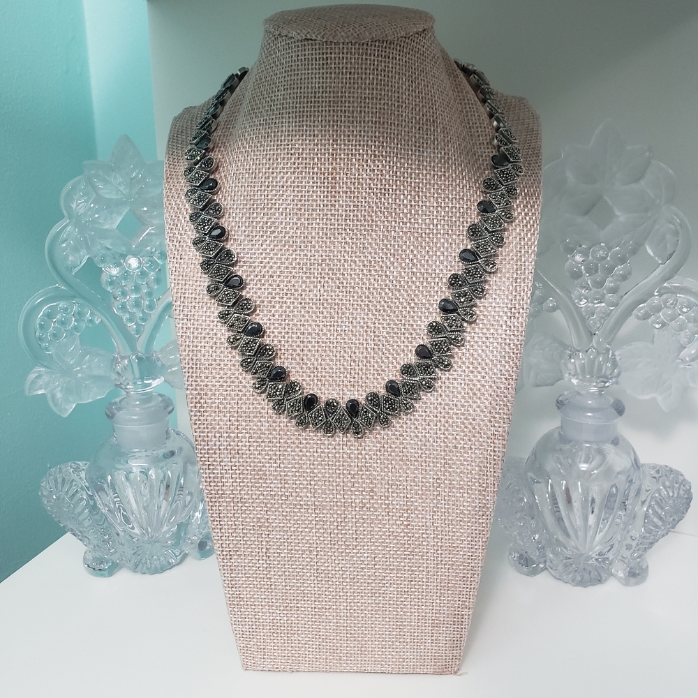 Vintage Sterling Silver Hematite and Marcasite Necklace